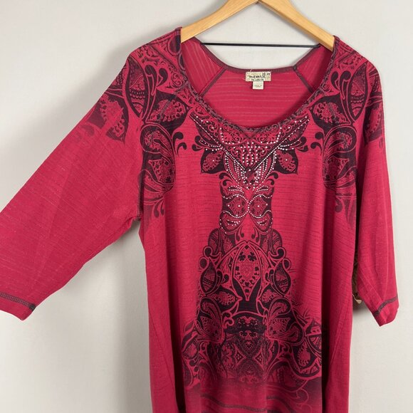 ONE WORLD Top Womens 2X Red Studded Metallic Tattoo Stencil 3/4 Sleeve Plus New - Picture 5 of 13